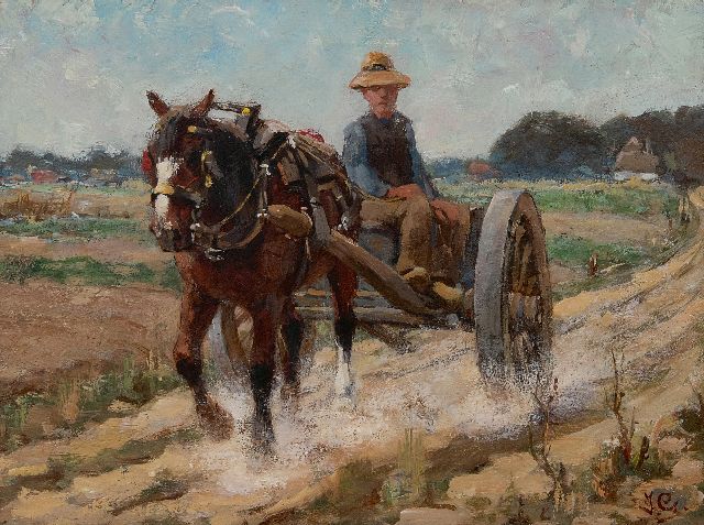 Jacob Hendrik Geerlings | Pferd und wagen auf einer Landstraße, Öl auf Holz, 21,5 x 28,7 cm, Unterzeichnet r.u.