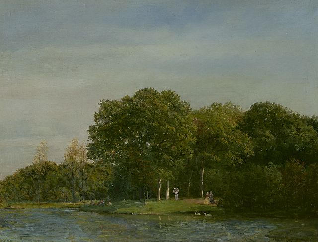 Julius Jacobus van de Sande Bakhuyzen | Parklandschaft mit eleganter Gesellschaft, Öl auf Papier auf Holz, 26,7 x 35,0 cm, Unterzeichnet r.u.