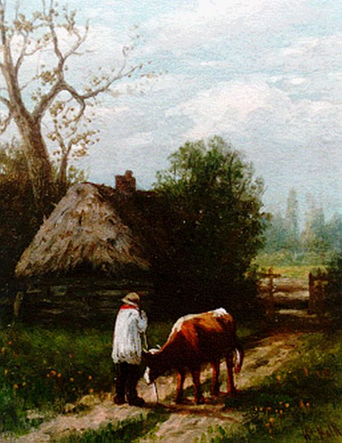 Willem Frederik Hulk | Boer met rund bij een boerderij, Öl auf Holz, 12,8 x 10,2 cm, gesigneerd r.o.