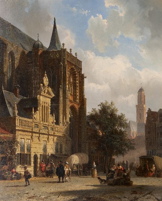 Cornelis Springer | Sommerblick auf den Hoofdwacht am Grote Markt in Zwolle, Öl auf Holz, 54,5 x 44,2 cm, Unterzeichnet u.r. mit Monogramm und datiert '59
