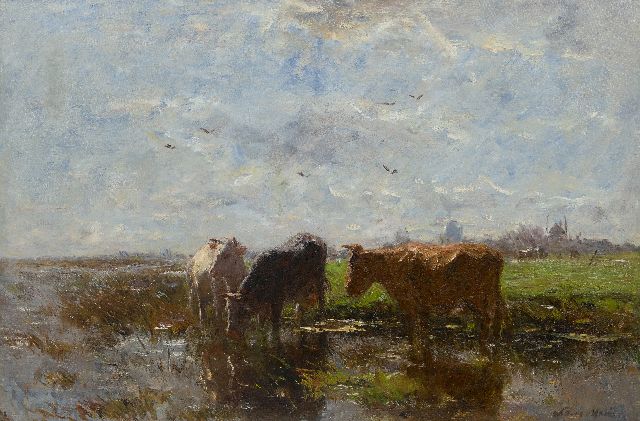Willem Maris | Trinkende Kühe in einer Polderlandschaft, Öl auf Leinwand, 58,2 x 85,2 cm, Unterzeichnet u.l.