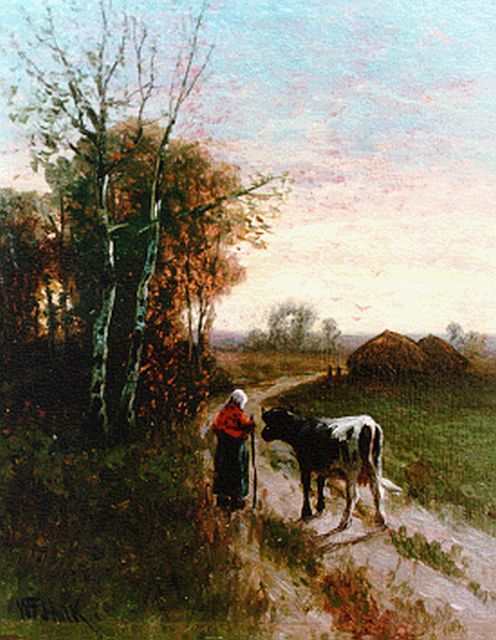 Willem Frederik Hulk | Boerenvrouw met vee op een landweg, Öl auf Holz, 12,8 x 10,3 cm, gesigneerd l.o.