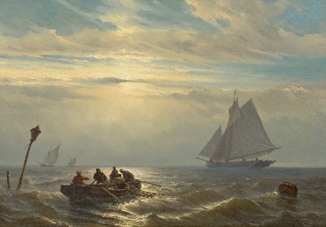 Meijer J.H.L.  | Abendstimmung auf dem Meer, Öl auf Holz 30,7 x 42,1 cm, Unterzeichnet r.u.