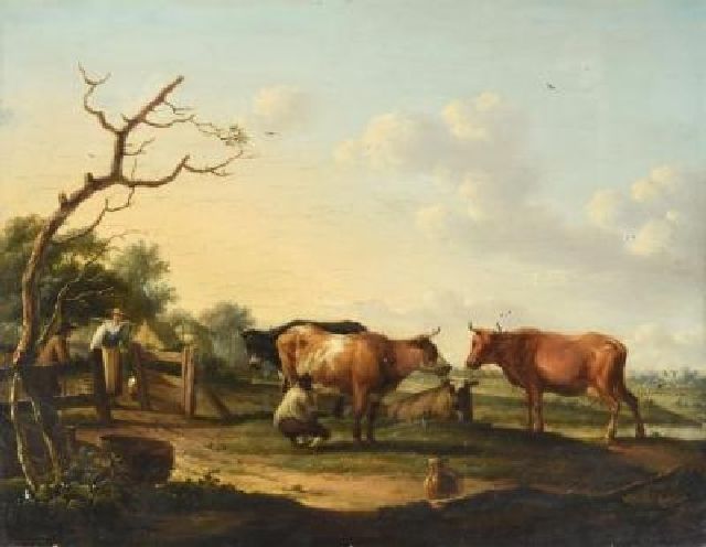Dongen D. van | Auf der Milchfarm, Öl auf Holz 46,7 x 60,0 cm