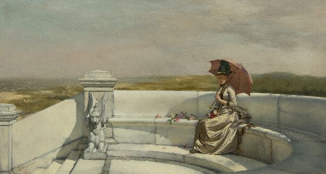 Haaxman P.A.  | Junge Frau auf einer Marmorgartenbank in einer holländischen Dünenlandschaft, Öl auf Holz 23,5 x 43,1 cm, Unterzeichnet u.l.