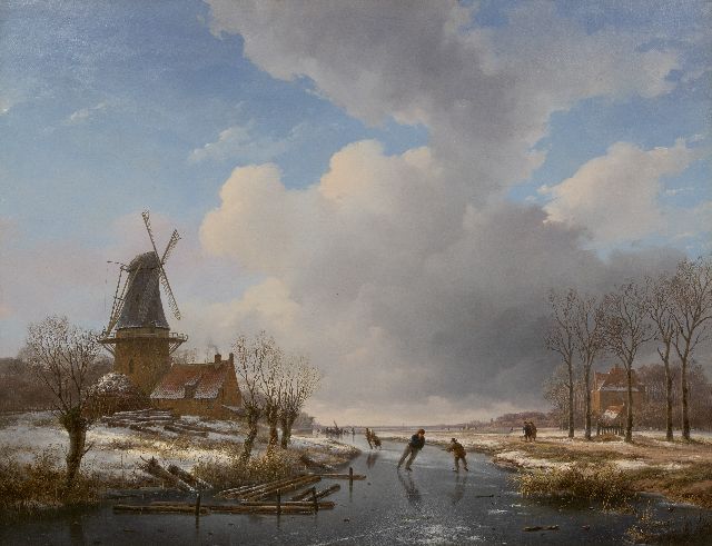 Andreas Schelfhout | Schlittschuhläufer auf einem zugefrorenen Kanal bei einer Windmühle, Öl auf Leinwand, 83,8 x 107,9 cm, Unterzeichnet u.M. und zu datieren um 1830