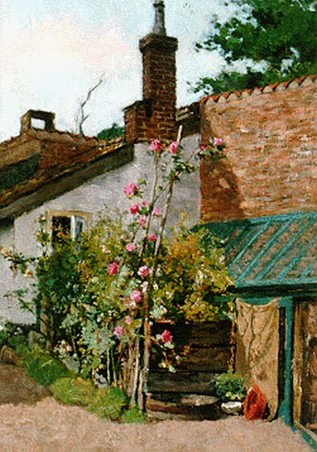 Johannes Cornelis Pabst | A yard with hollyhocks, Öl auf Leinwand auf Holz, 32,0 x 21,8 cm, signed l.l.