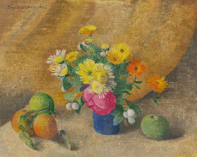 Sarika Góth | Stillleben mit Blumen in blauer Vase, Öl auf Leinwand, 40,1 x 50,0 cm, Unterzeichnet o.l. und datiert 1986