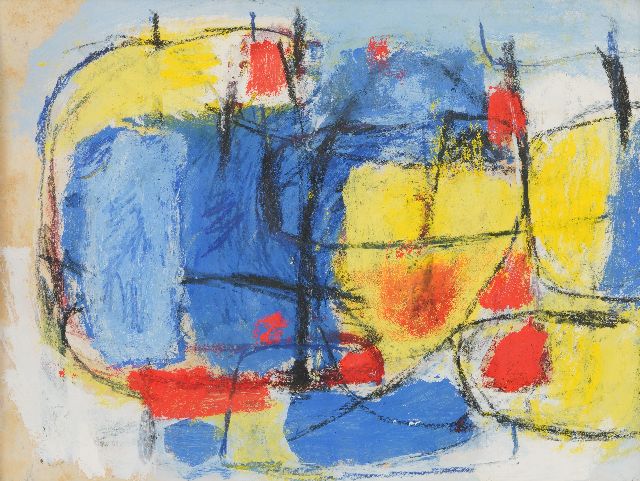 Jaap Nanninga | Komposition in blau, gelb, rot; im Verso: Komposition, Kreide und Gouache auf Papier, 40,9 x 54,0 cm, Unterzeichnet im verso und zu datieren um 1958