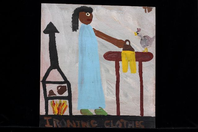 Tim Brown | Ironing clothes, Acryl auf Holz, 42,9 x 40,3 cm, Unterzeichnet o.r. mit Initialen