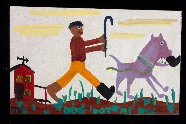 Tim Brown | Dog got my shoe, Acryl auf Holz, 32,0 x 52,0 cm, Unterzeichnet u.l. mit Initialen