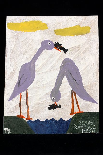Tim Brown | Birds eating fish, Acryl auf Holz, 45,2 x 35,6 cm, Unterzeichnet u.l. mit Initialen