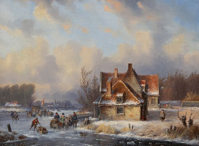 Carl Eduard Ahrendts | Winteransicht mit vielen Figuren auf dem Eis, Öl auf Leinwand, 39,4 x 52,5 cm, Unterzeichnet u.l.