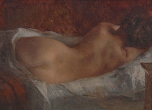 Putsage M.  | Ruhender weiblicher Akt von der Rückseite, Öl auf Leinwand 64,8 x 88,1 cm, Unterzeichnet o.l. und Verso