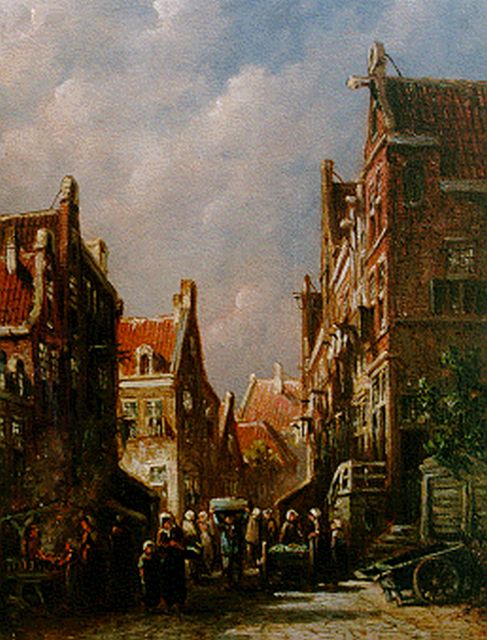 Petrus Gerardus Vertin | Townsfolk in a busy street, Öl auf Holz, 19,4 x 14,9 cm, signed l.l.