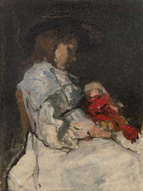 Coba Ritsema | Mädchen mit einer roten Puppe, Öl auf Leinwand Malereifaser, 40,7 x 30,3 cm, Unterzeichnet o.l. mit Initialen und o.r. vollständig