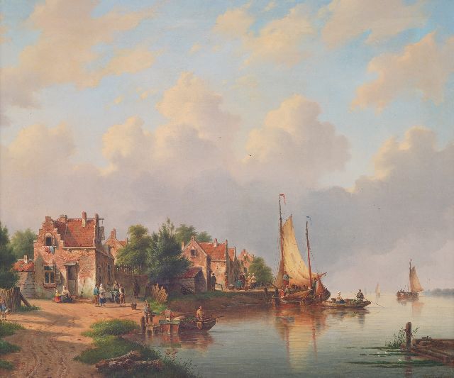 Hendriks G.  | Dorf am Fluss mit Fußfähre und Segelschiffen, Öl auf Leinwand 83,0 x 98,4 cm