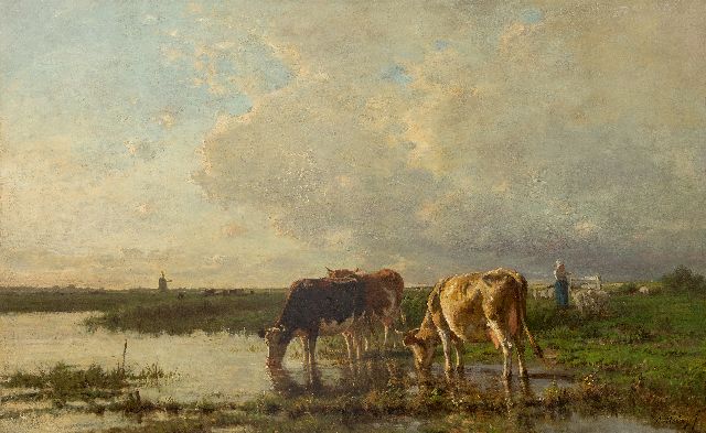 Anton Mauve | Trinkendes Vieh entlang des Flusses, Öl auf Leinwand, 84,8 x 134,8 cm, Unterzeichnet u.r. und 1868-1870