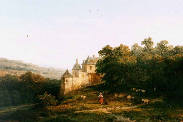 Anthonie Jacobus van Wijngaerdt | Mountainous landscape with a castle in the distance, Öl auf Holz, 15,2 x 22,2 cm, signed l.r. und dated 1854