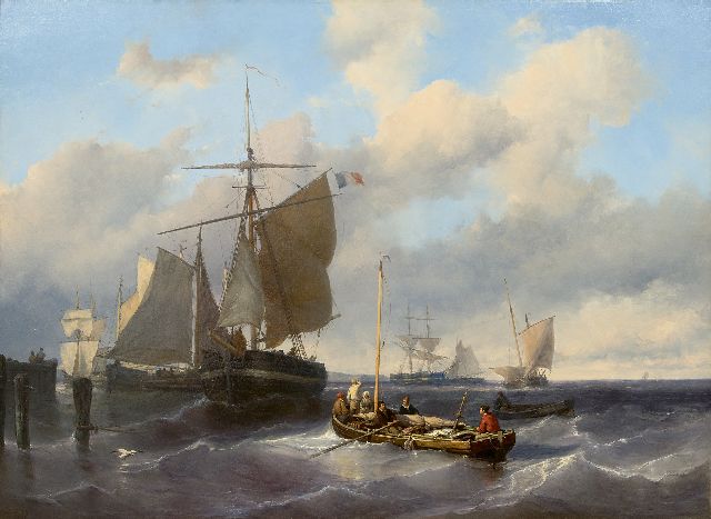 Meijer J.H.L.  | Die Segel setzen beim Hafen Eingang, Öl auf Holz 79,8 x 110,5 cm, Unterzeichnet u.l.