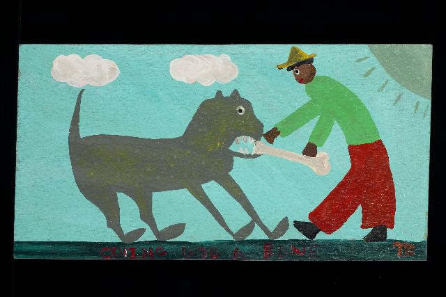 Tim Brown | Giving dog a bone, Acryl auf Holz, 30,7 x 58,1 cm, Unterzeichnet u.r. mit Initialen