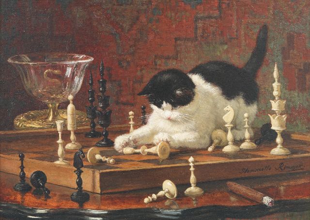 Henriette Ronner | Katze, die mit kostbaren Schachfiguren im 'Selenius-Stil' spielt, Öl auf Holz, 32,6 x 45,2 cm, Unterzeichnet u.r.