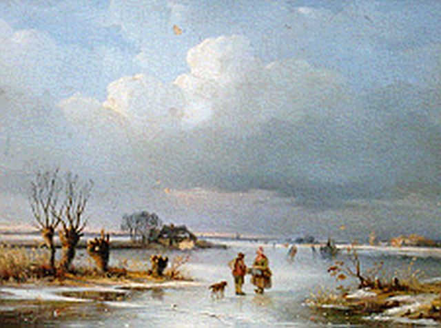 Anthonie Jacobus van Wijngaerdt | A winter landscape with skaters on a frozen waterway, Öl auf Holz, 22,2 x 28,3 cm, signed l.l. und dated 1844