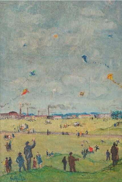 Paul Paeschke | Drachensteigen auf dem Tempelhofer Feld in Berlin, Öl auf Holz, 45,0 x 30,8 cm, Unterzeichnet u.l. und zu datieren um 1910