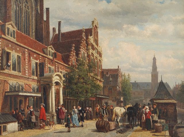Cornelis Springer | Das Rokin in Amsterdam von südlicher Richtung aus gesehen mit ’s Haagse en Rotterdamse   Veerhuis und der Nieuwezijds Kapel links sowie   der Börse im Hintergrund im Jahre 1650, Öl auf Holz, 48,5 x 65,0 cm, Unterzeichnet u.l. und datiert 1879