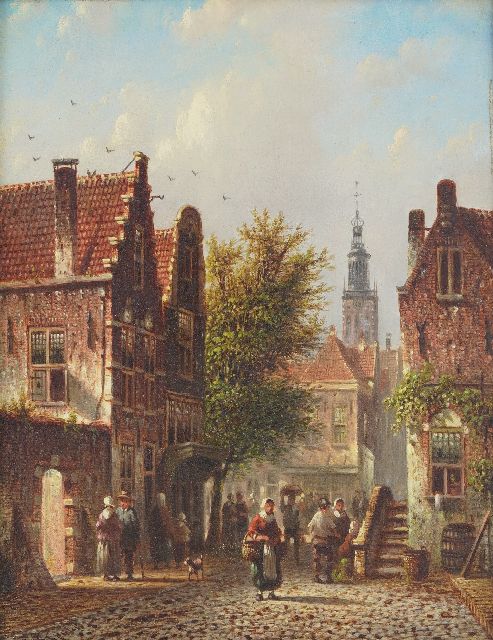 Johannes Franciscus Spohler | Sommerliche Stadtansicht mit dem Turm der Bakenesserkert von Haarlem, Öl auf Holz, 20,9 x 15,8 cm, Unterzeichnet u.l.