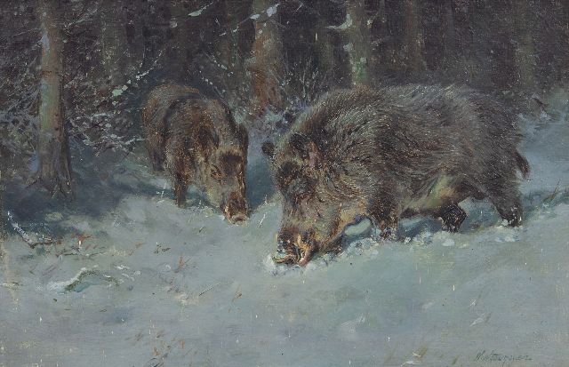 William Woodhouse | Zwei Wildschweine im Schnee, Öl auf Holz, 20,0 x 30,0 cm, Unterzeichnet u.r.