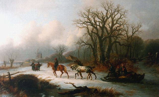 Alexis de Leeuw | A winter landscape with figures gathering wood, Öl auf Leinwand, 78,5 x 126,7 cm, signed l.r. und dated 1865