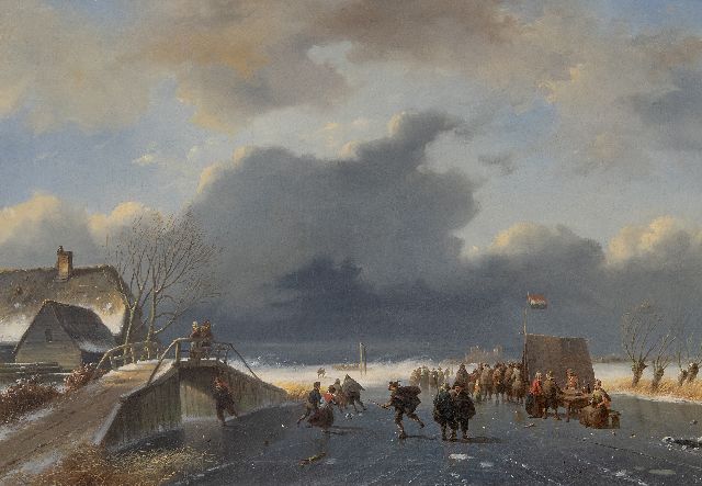 Nicolaas Johannes Roosenboom/Eugène Verboekhoven | Eisvergnügen bei näherendem Schneesturm (Figuren sind von Eugène Verboeckhoven), Öl auf Leinwand, 48,1 x 68,0 cm