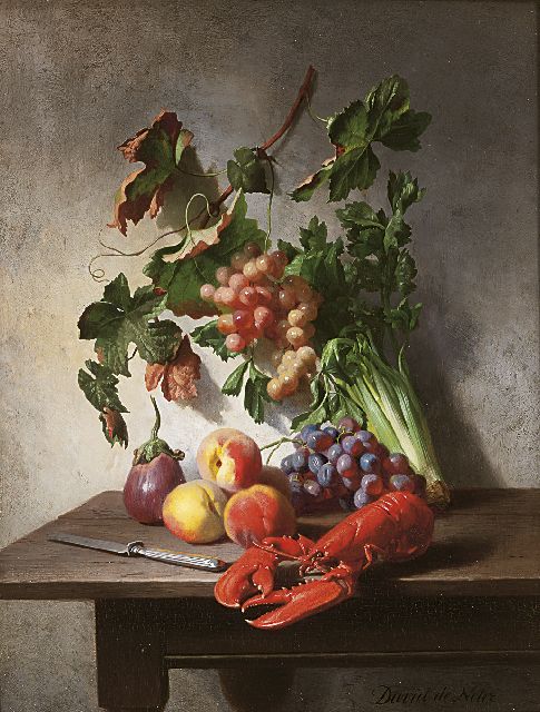 David de Noter | Stilleben mit Gemüse, Obst, Hummer und einem Messer, Öl auf Holz, 37,0 x 28,3 cm, Unterzeichnet u.r.