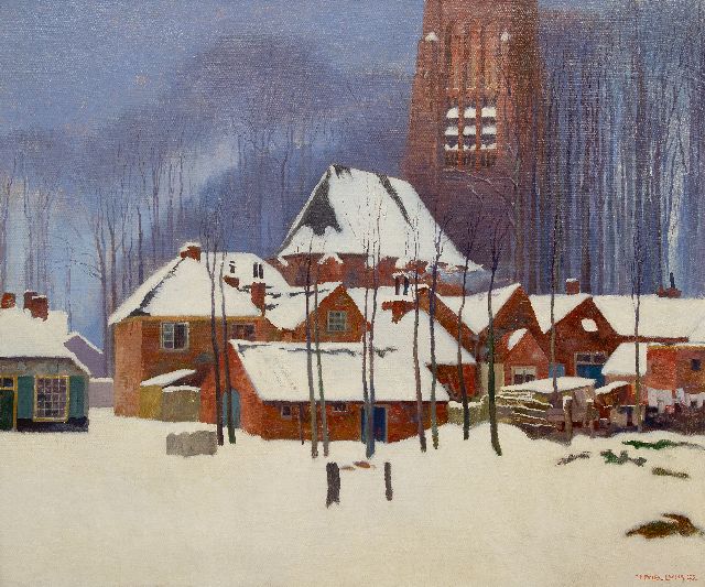 Huib Luns | Winteransicht von Vught mit der Sint Lambertuskerk im Schnee, Öl auf Leinwand, 120,5 x 142,2 cm, Unterzeichnet u.r. und datiert '23