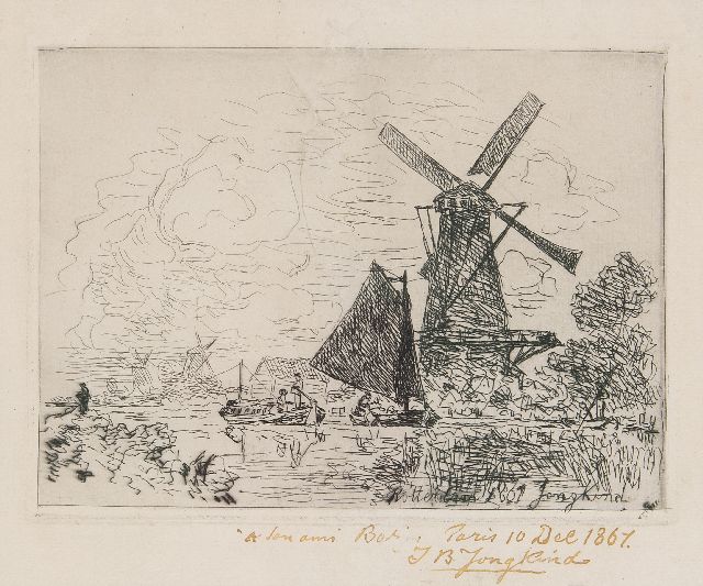 Johan Barthold Jongkind | Fluss bei Rotterdam mit Schiffen und einer Mühle, Radierung auf Papier, 22,0 x 18,5 cm, Unterzeichnet u.r. in der Platte und handsigniert und datiert 'Rotterdam' 1861 in de plaat