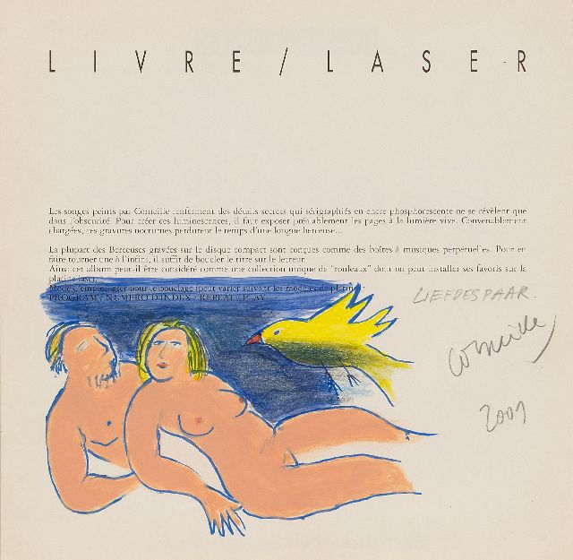 Corneille | Verliebtes Paar (gemalt auf Seite 2 des CD-Booklets Livre/Laser 'Berceuses'), Gouache und Kreide auf Papier, 24,9 x 25,1 cm, Unterzeichnet u.r. und datiert 2001