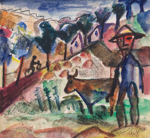 Geer van Velde | Bauer mit Kuh in einem Landschaft, crayon and watercolour on paper, 28,6 x 31,2 cm, Unterzeichnet u.r. mit Initialen