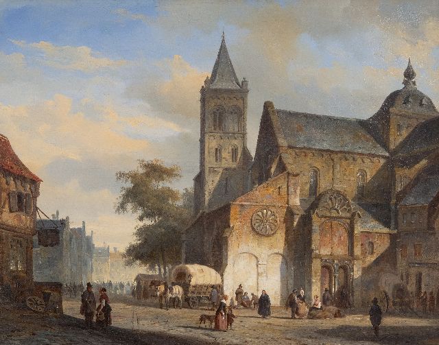Cornelis Springer | Niederländischer Stadtplatz mit Kirche und Planwagen, Öl auf Leinwand, 36,5 x 46,0 cm, Unterzeichnet u.l. mit Monogramm und datiert '44