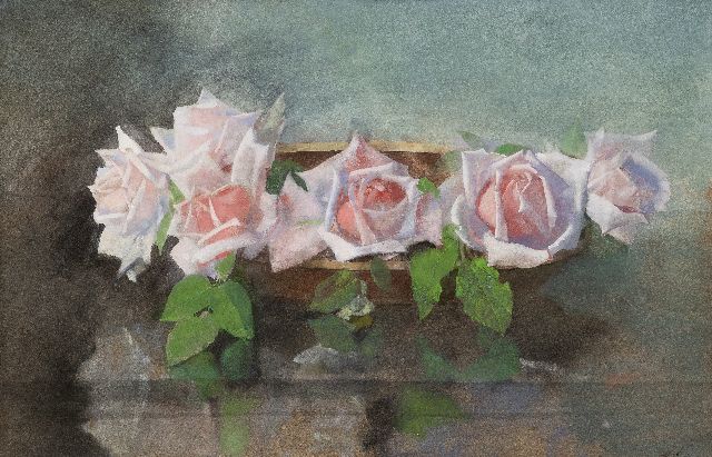 Jan Voerman sr. | Schale mit 'La-France' Rosen, Aquarell auf Papier, 33,2 x 50,0 cm, Unterzeichnet u.r. mit Initialen
