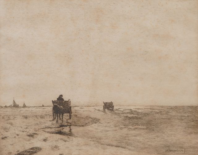 Jan Hendrik Weissenbruch | Strand mit Pferd und Wagen und Schiffen, Radierung auf Papier, 35,0 x 44,0 cm, Unterzeichnet x
