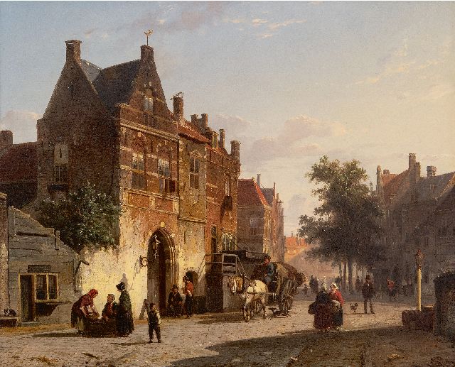 Cornelis Springer | Niederländisches Stadtbild mit Marktplatz, Öl auf Holz, 34,2 x 42,3 cm, Unterzeichnet u.r. und datiert '52
