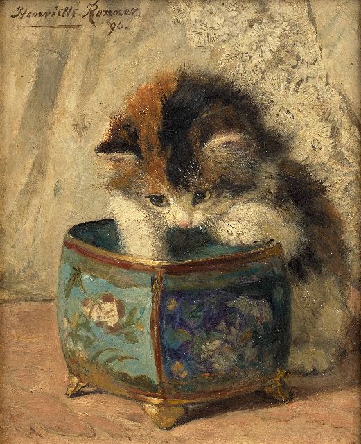 Henriette Ronner | Kätzchen spielend mit einem Ziergefäß, Öl auf Holz, 20,0 x 16,0 cm, Unterzeichnet o.l. und datiert '96