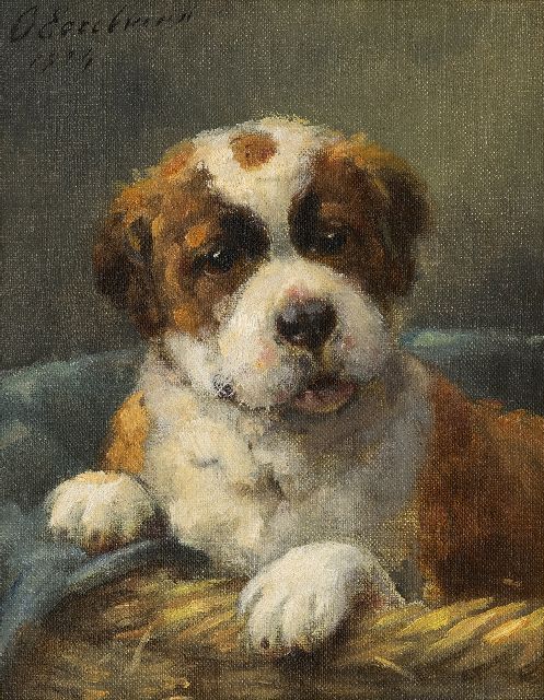 Otto Eerelman | Bernhardiner Welpe in seinem Korb, Öl auf Malereifaser, 23,8 x 18,8 cm, Unterzeichnet o.l. und datiert 1924