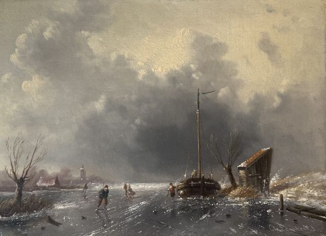 Charles Leickert | Schlittschuhläufer bei näherendem Schneesturm, Öl auf Holz, 18,6 x 25,8 cm, Unterzeichnet u.r.