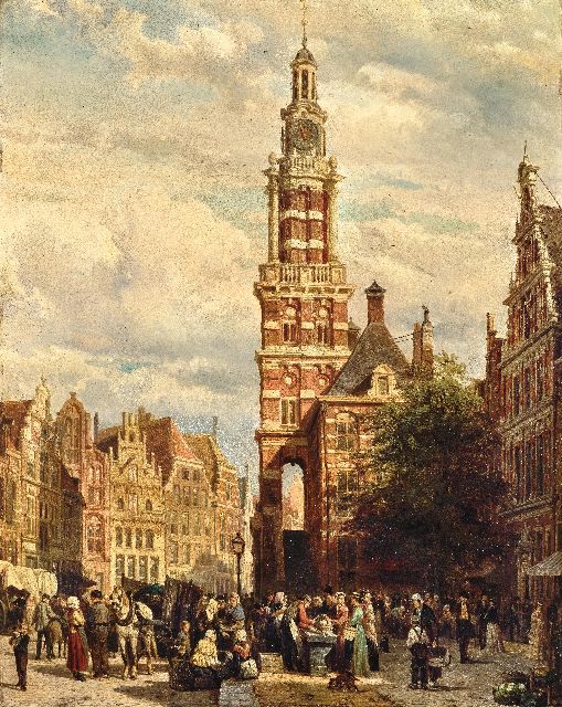 Cornelis Springer | Belebtes Marktgesicht vor dem Wijnhuistoren in Zutphen, Öl auf Holz, 60,0 x 47,5 cm, Unterzeichnet u.m. und datiert 1872