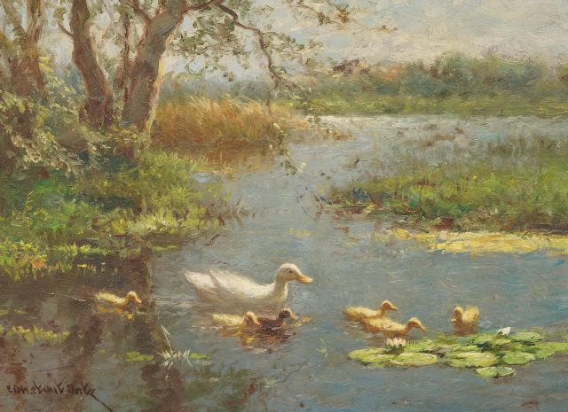 Constant Artz | Entenfamilie im Wasser, Öl auf Holz, 18,2 x 24,1 cm, Unterzeichnet u.l.