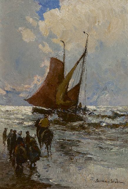 German Grobe | Fischer und Boote in der Brandung, Katwijk, Öl auf Holz, 41,0 x 28,5 cm, Unterzeichnet u.r.