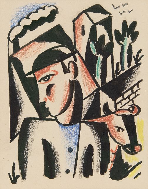 Raoul Hynckes | Bauer mit Kuh, Tinte und Kreide auf Papier, 15,3 x 12,3 cm