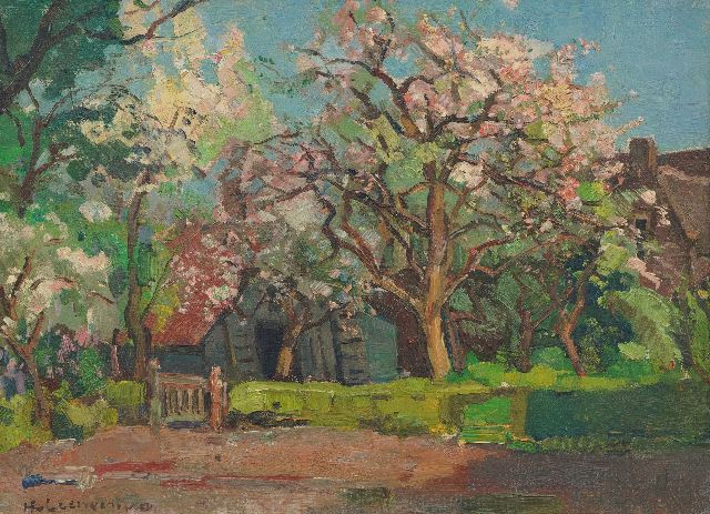 Henk van Leeuwen | Blumenbäume bei einem Bauernhof, Öl auf Leinwand, 30,2 x 40,4 cm, Unterzeichnet u.l.